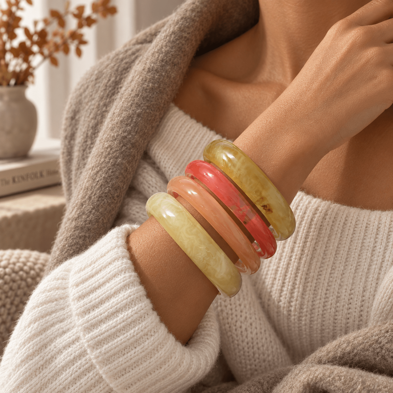 4pcs Colorful Textured Wide-Band Bangle Set for Women